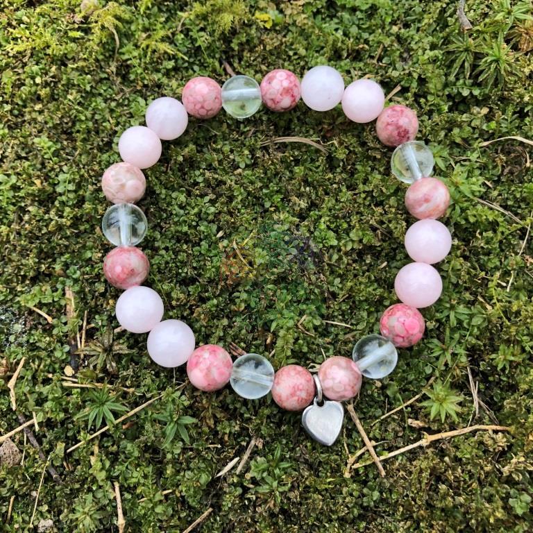Minerální náramek růženín, křišťál, jaspis - KVĚT TŘEŠNĚ