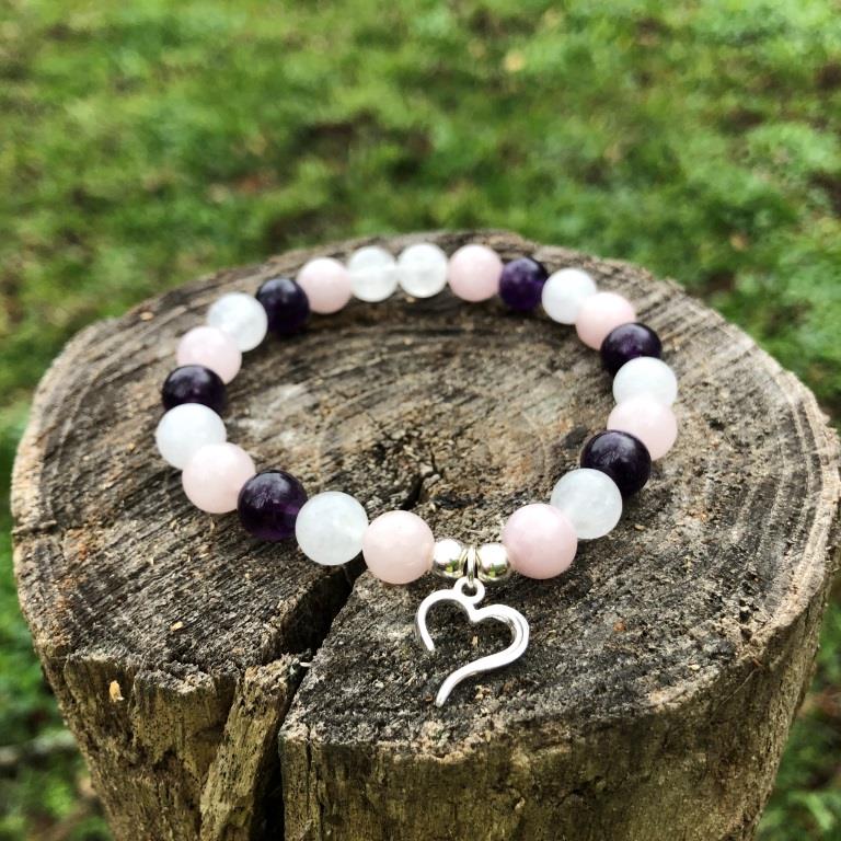 Minerální náramek růženín, křišťál, ametyst - LILIE (stříbro Ag925)