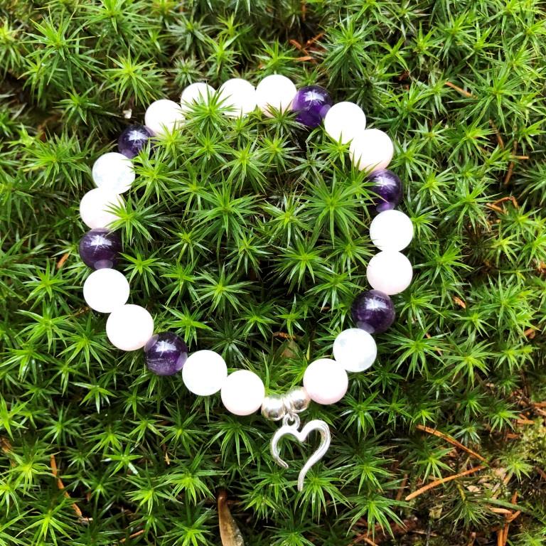 Minerální náramek růženín, křišťál, ametyst - LILIE (stříbro Ag925)