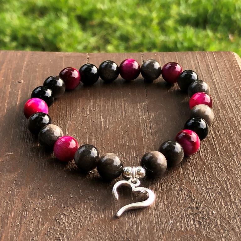 Minerální náramek tygří oko, obsidián - NOČNÍ RŮŽE (stříbro Ag925)