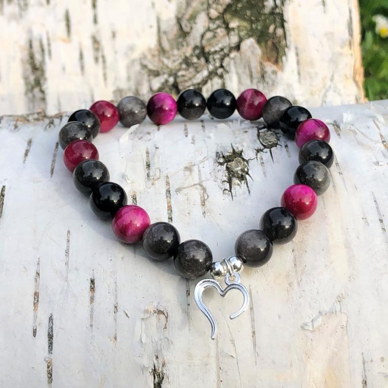 Minerální náramek tygří oko, obsidián - NOČNÍ RŮŽE (stříbro Ag925)