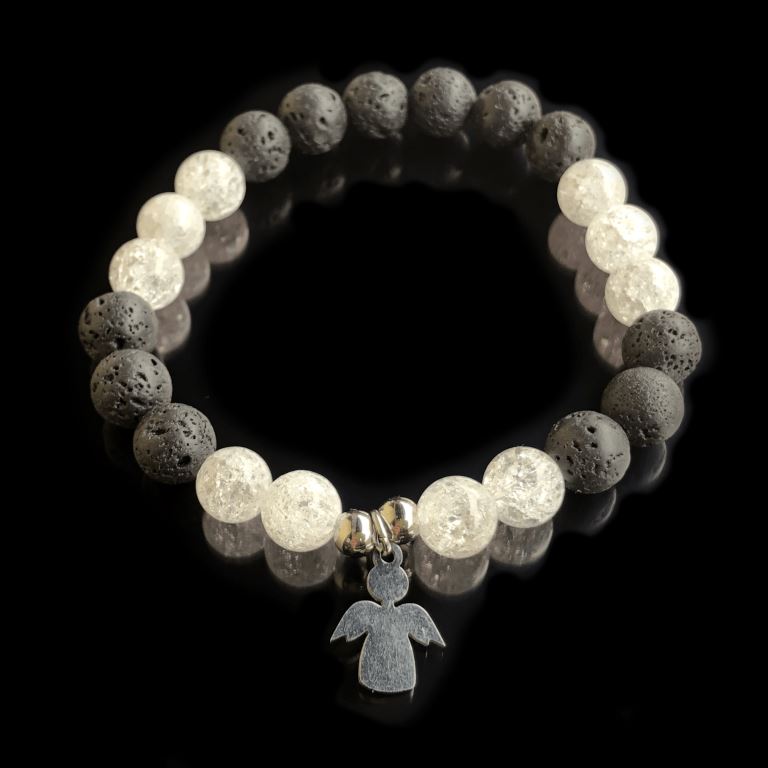 Minerální náramek křišťál, lávový kámen - JISKŘIČKA S ANDÍLKEM