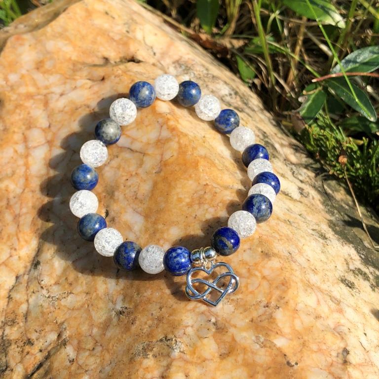 Minerální náramek křišťál, lapis lazuli - MOŘE (stříbro Ag925)