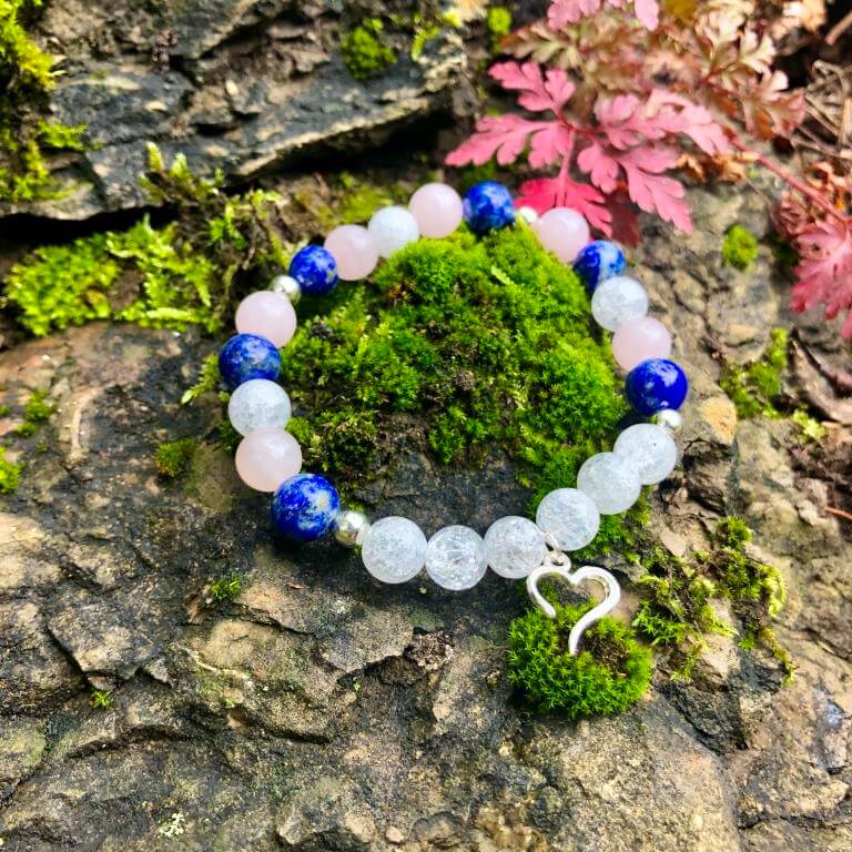 Minerální náramek křišťál, lapis lazuli, růženín - NEBE (stříbro Ag925)