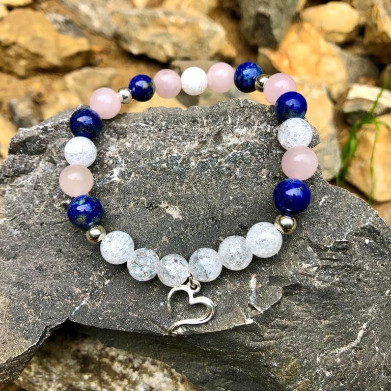 Minerální náramek křišťál, lapis lazuli, růženín - NEBE (stříbro Ag925)