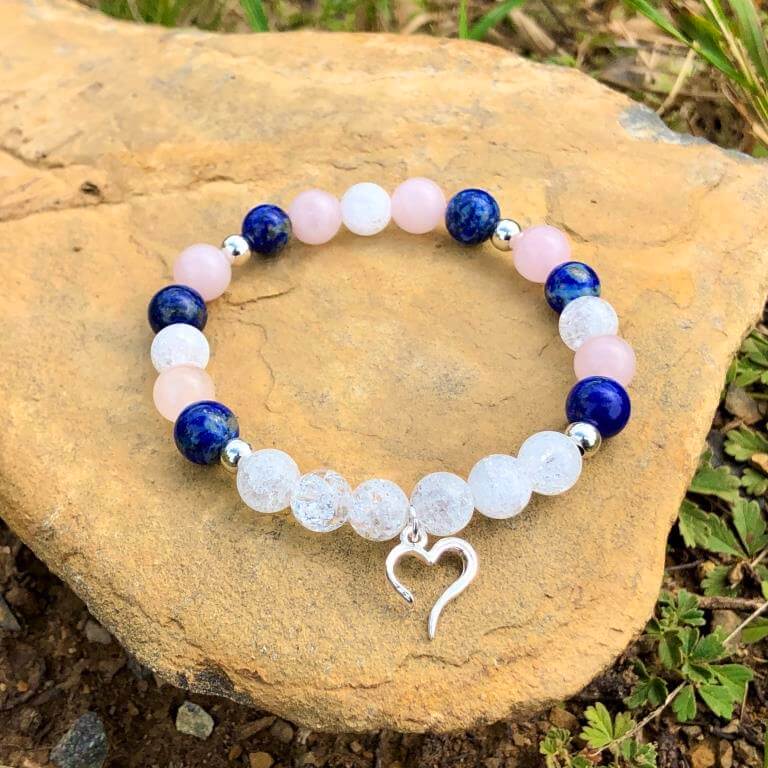 Minerální náramek křišťál, lapis lazuli, růženín - NEBE (stříbro Ag925)