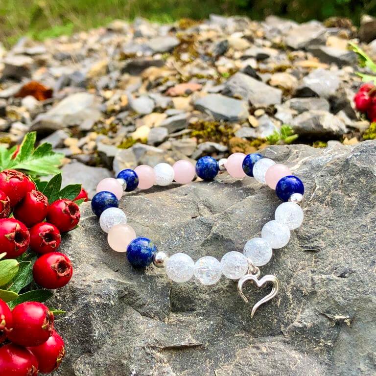 Minerální náramek křišťál, lapis lazuli, růženín - NEBE (stříbro Ag925)