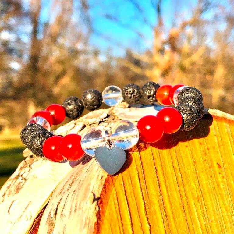 Minerální náramek lávový kámen, karneol, křišťál - LÁSKA