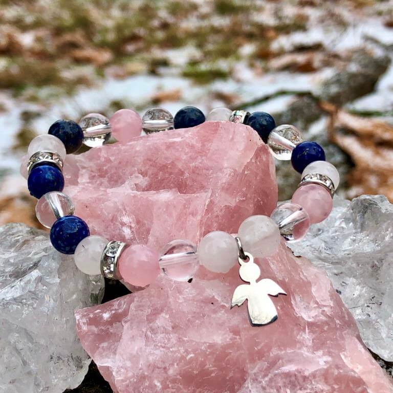 Minerální náramek křišťál, lapis lazuli, růženín - ANDĚL