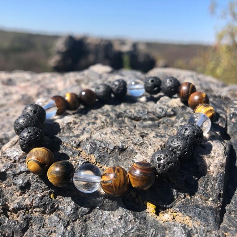 Minerální náramek lávový kámen, tygří oko, křišťál - LÁSKA