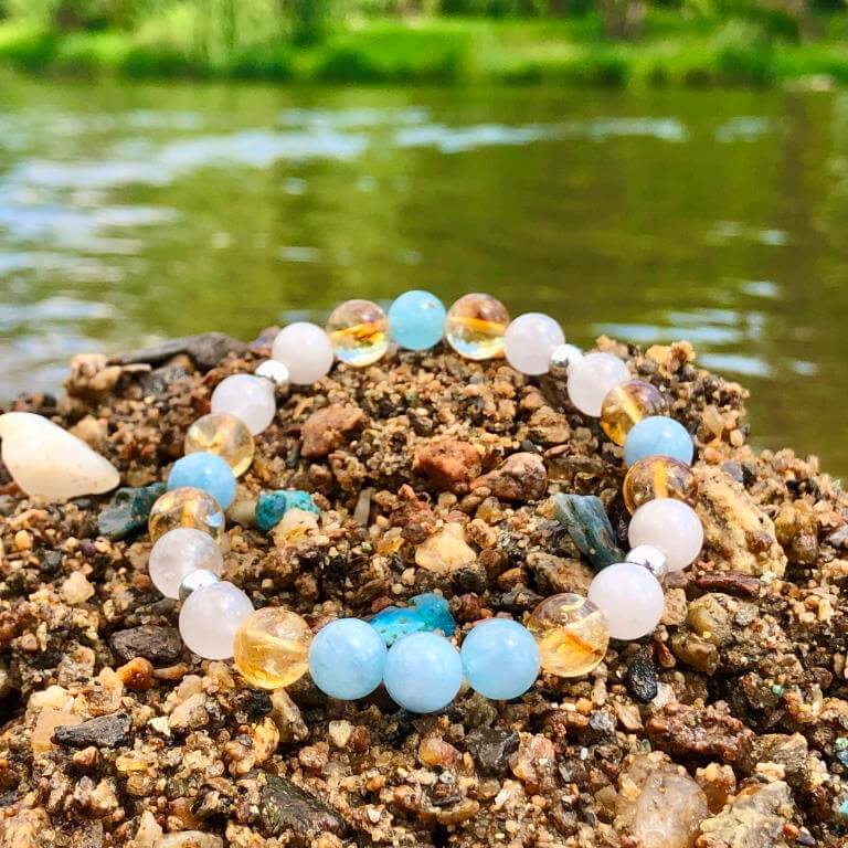 Minerální náramek akvamarín, citrín, křišťál - ZÁZRAČNÝ (stříbro Ag925)