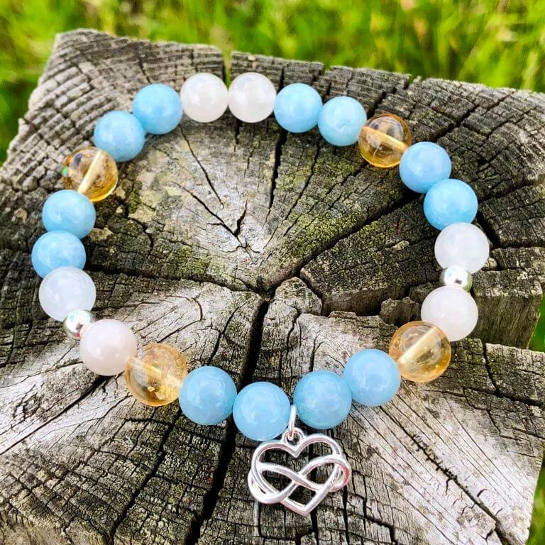 Minerální náramek akvamarín, citrín, křišťál - ZÁZRAČNÉ SRDCE (stříbro Ag925)