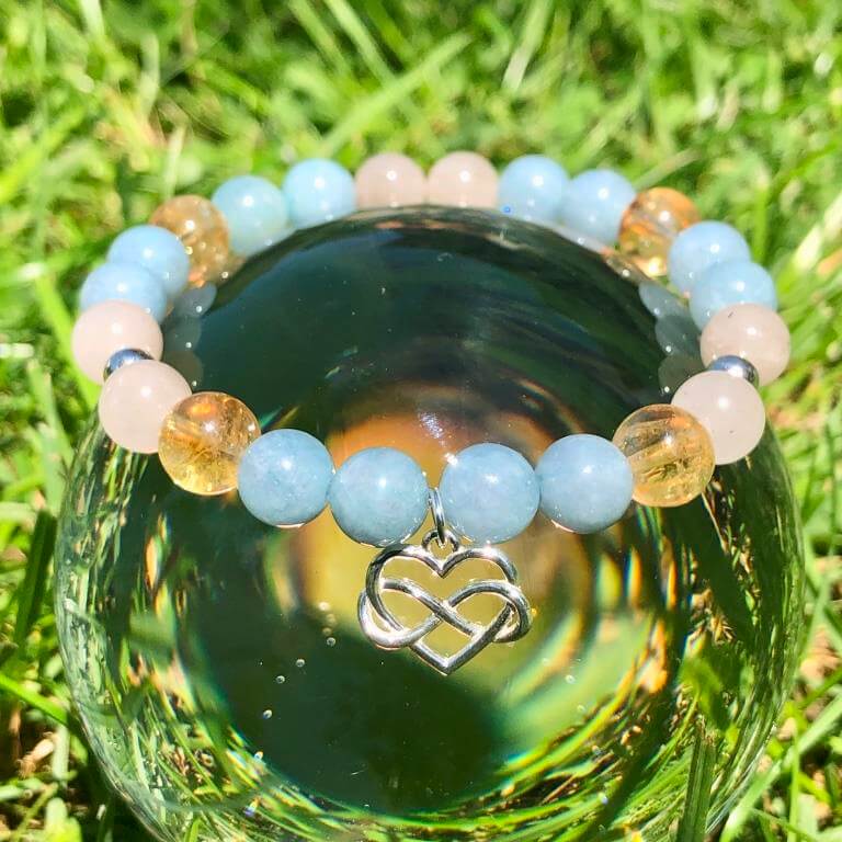 Minerální náramek akvamarín, citrín, křišťál - ZÁZRAČNÉ SRDCE (stříbro Ag925)