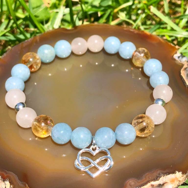 Minerální náramek akvamarín, citrín, křišťál - ZÁZRAČNÉ SRDCE (stříbro Ag925)