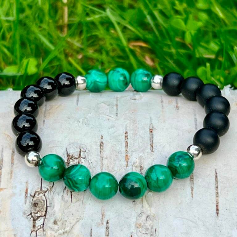 Minerální náramek malachit, onyx - ODHODLÁNÍ (stříbro Ag925)