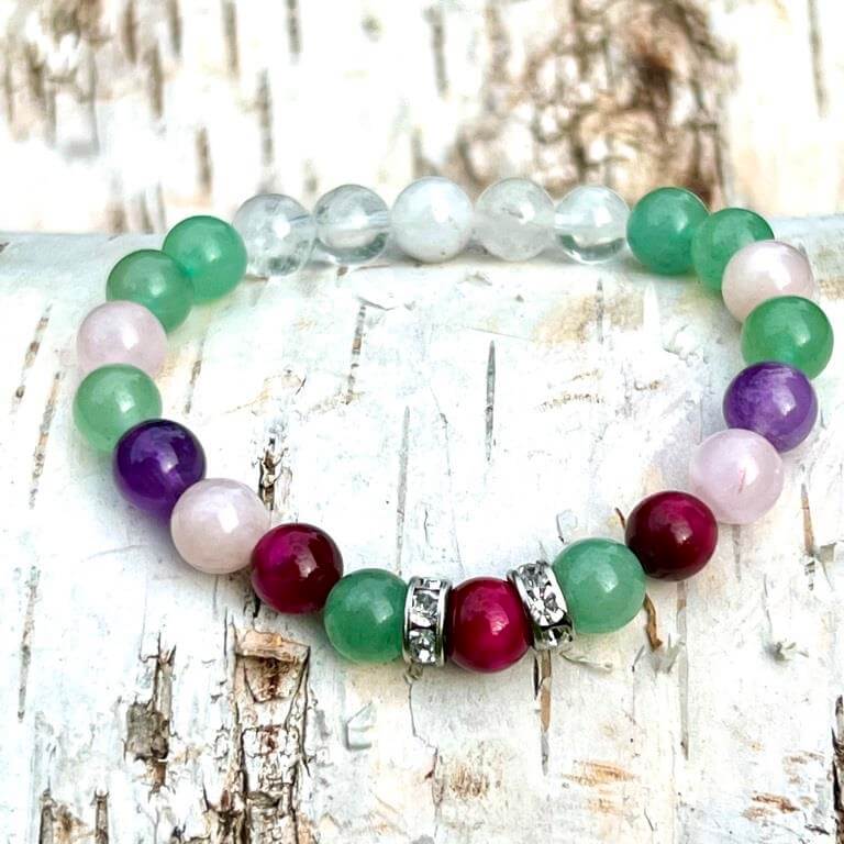 Minerální náramek tygří oko, avanturín, růženín, ametyst, křišťál - HORTENZIE