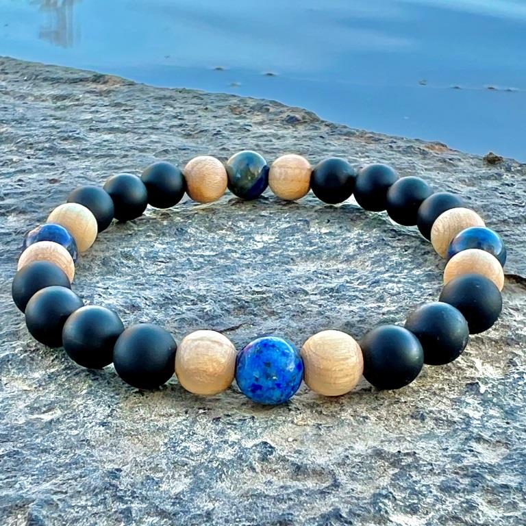 Minerální náramky karneol, lapis lazuli, onyx, dřevo - SPOLU - PARTNERSKÝ