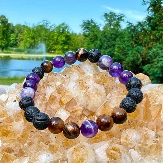 Minerální náramek ametyst, lávový kámen, tygří oko - MEDITACE - pár