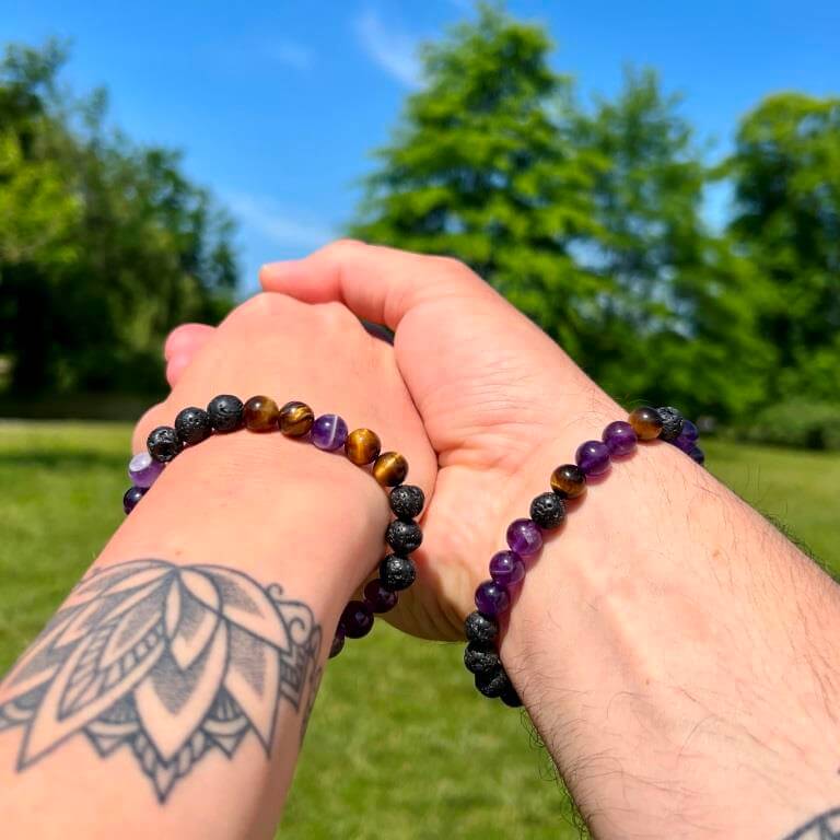 Minerální náramek ametyst, lávový kámen, tygří oko - MEDITACE - pár