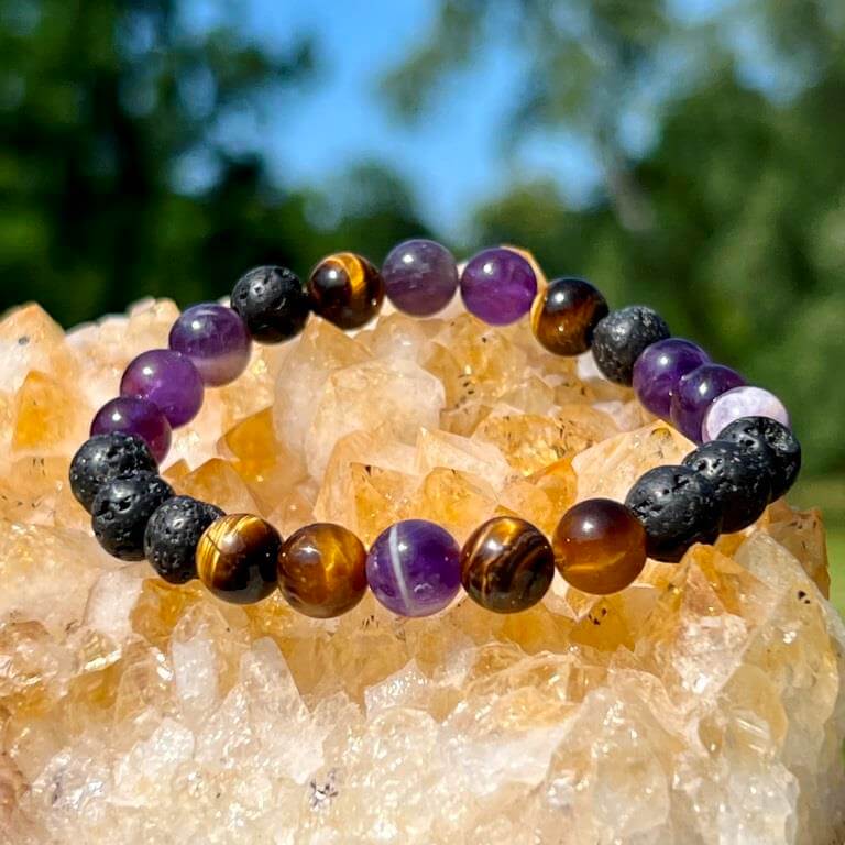 Minerální náramek ametyst, lávový kámen, tygří oko - MEDITACE - pár