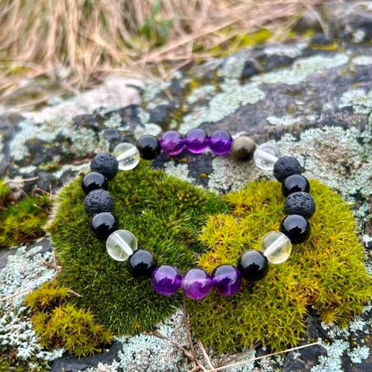 Minerální náramek ametyst, obsidián, onyx, láva, křišťál - INSPIRACE - žena