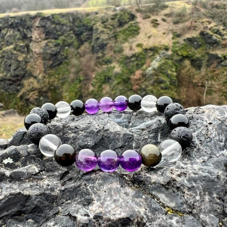 Minerální náramek ametyst, obsidián, onyx, láva, křišťál - INSPIRACE - žena