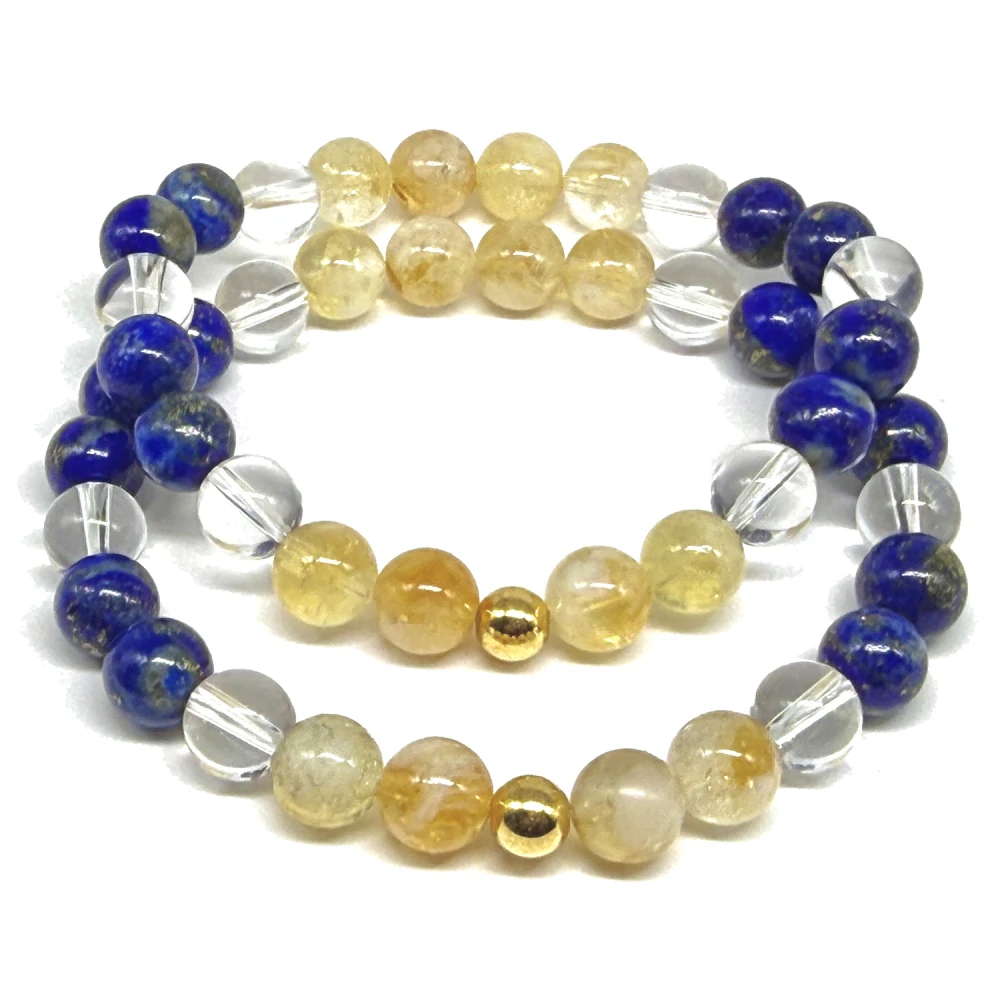 Minerální náramek lapis lazuli, citrín, křišťál - NAVŽDY S TEBOU - pár (stříbro Ag925 potažené 24k zlatem Au999)