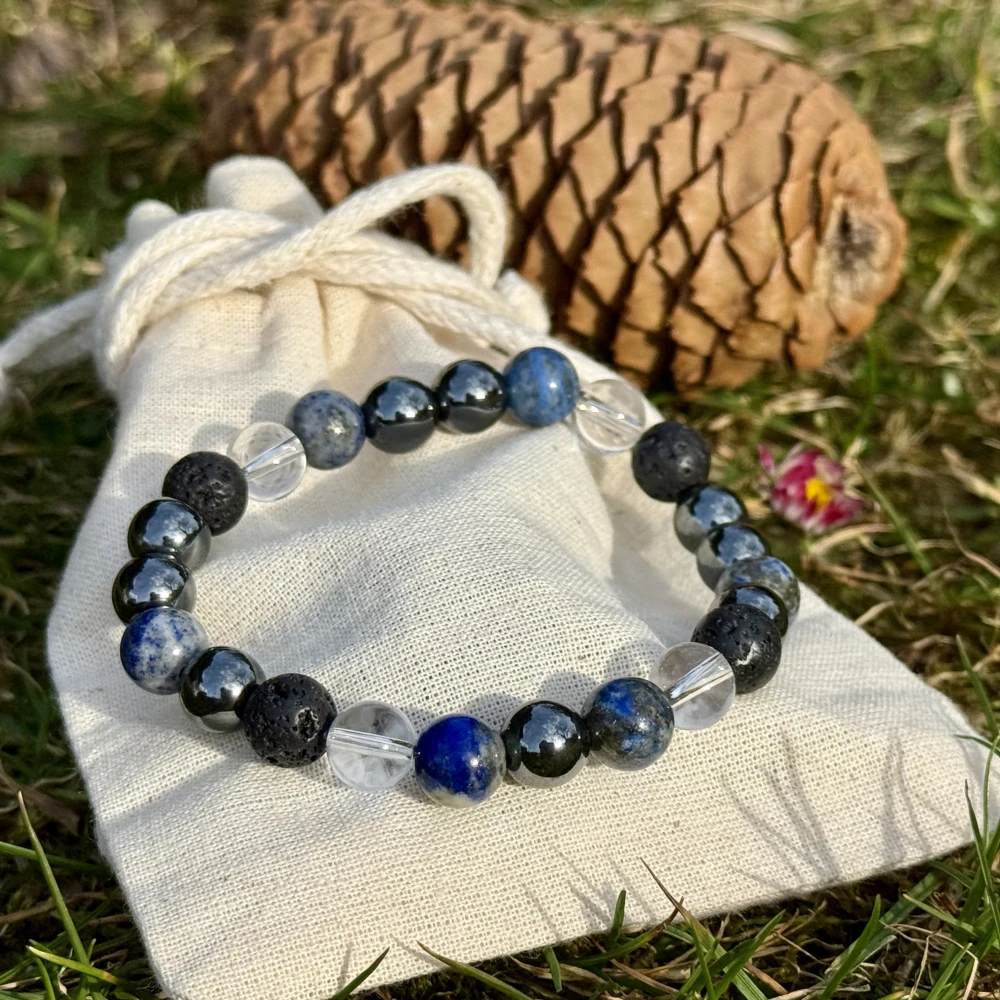 Minerální náramek lapis lazuli, hematit, křišťál, láva - POZNÁNÍ