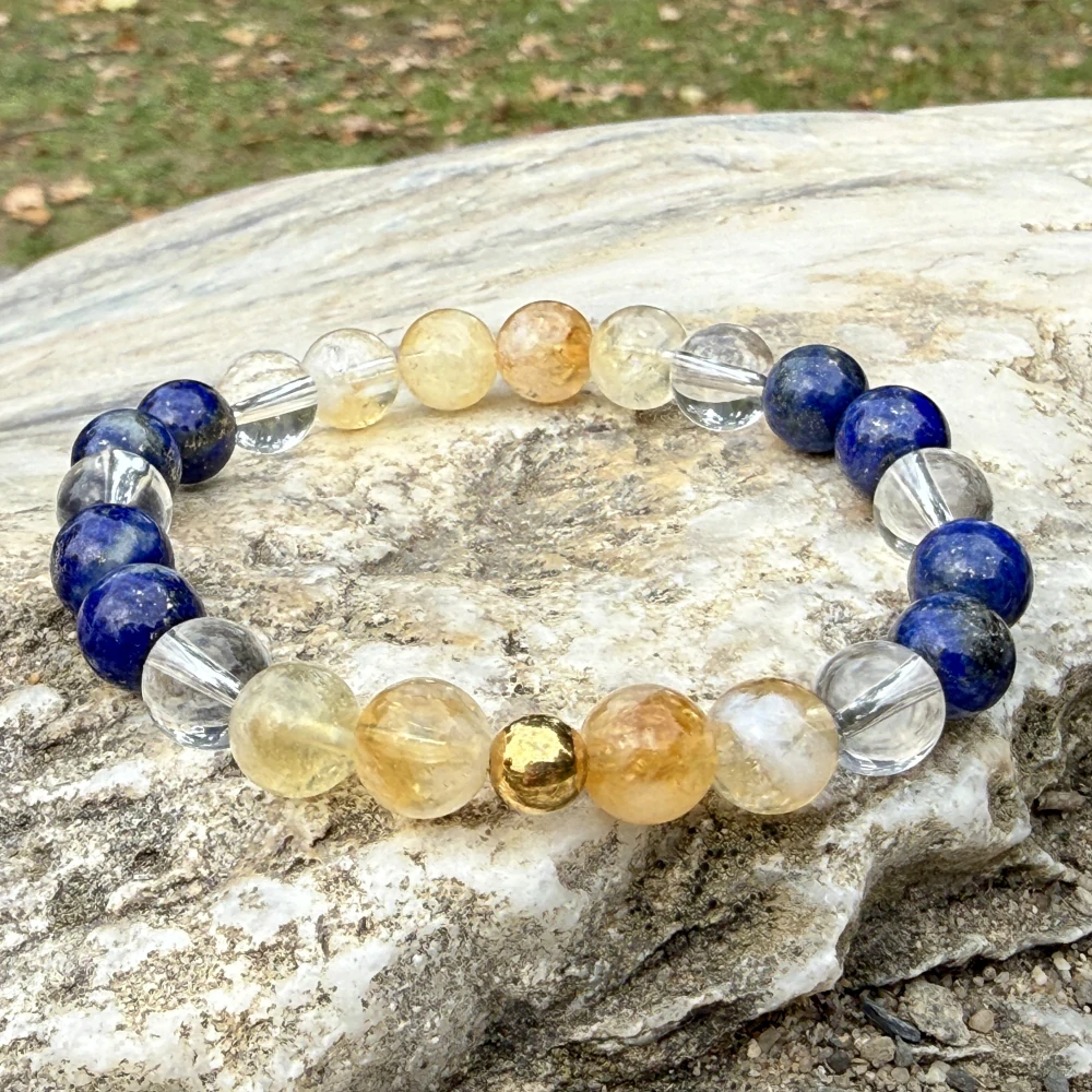 Minerální náramek lapis lazuli, citrín, křišťál - NAVŽDY S TEBOU (stříbro Ag925 potažené 24k zlatem Au999)