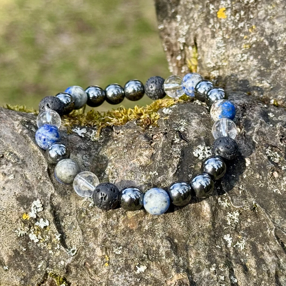 Minerální náramek lapis lazuli, hematit, křišťál, láva - POZNÁNÍ