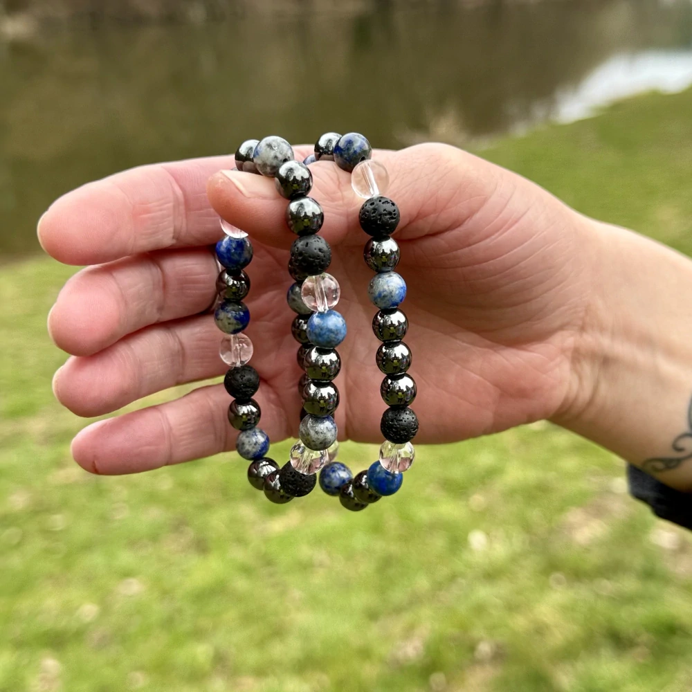 Minerální náramek lapis lazuli, hematit, křišťál, láva - POZNÁNÍ