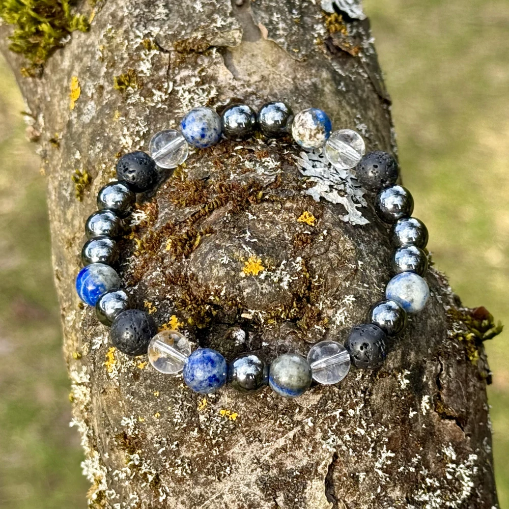 Minerální náramek lapis lazuli, hematit, křišťál, láva - POZNÁNÍ