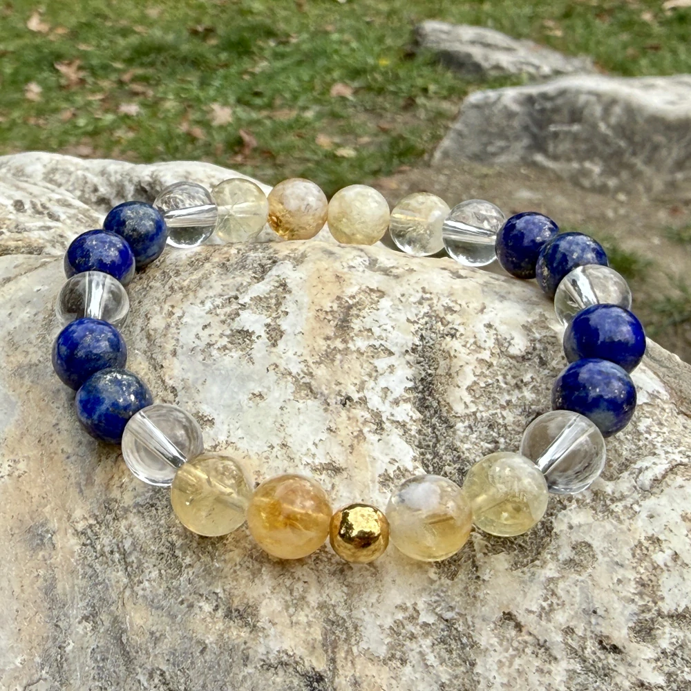 Minerální náramek lapis lazuli, citrín, křišťál - NAVŽDY S TEBOU (stříbro Ag925 potažené 24k zlatem Au999)