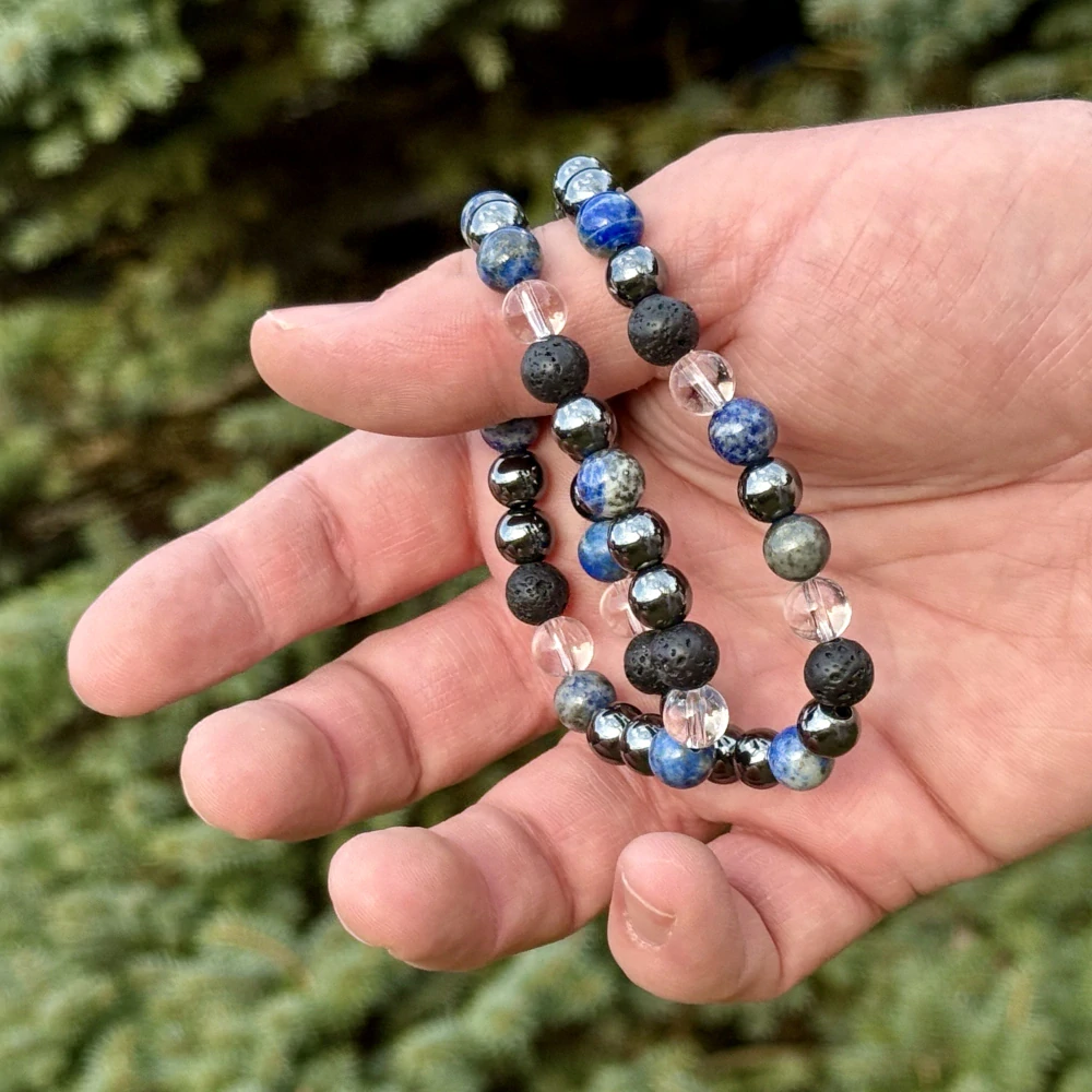 Minerální náramek lapis lazuli, hematit, křišťál, láva - POZNÁNÍ