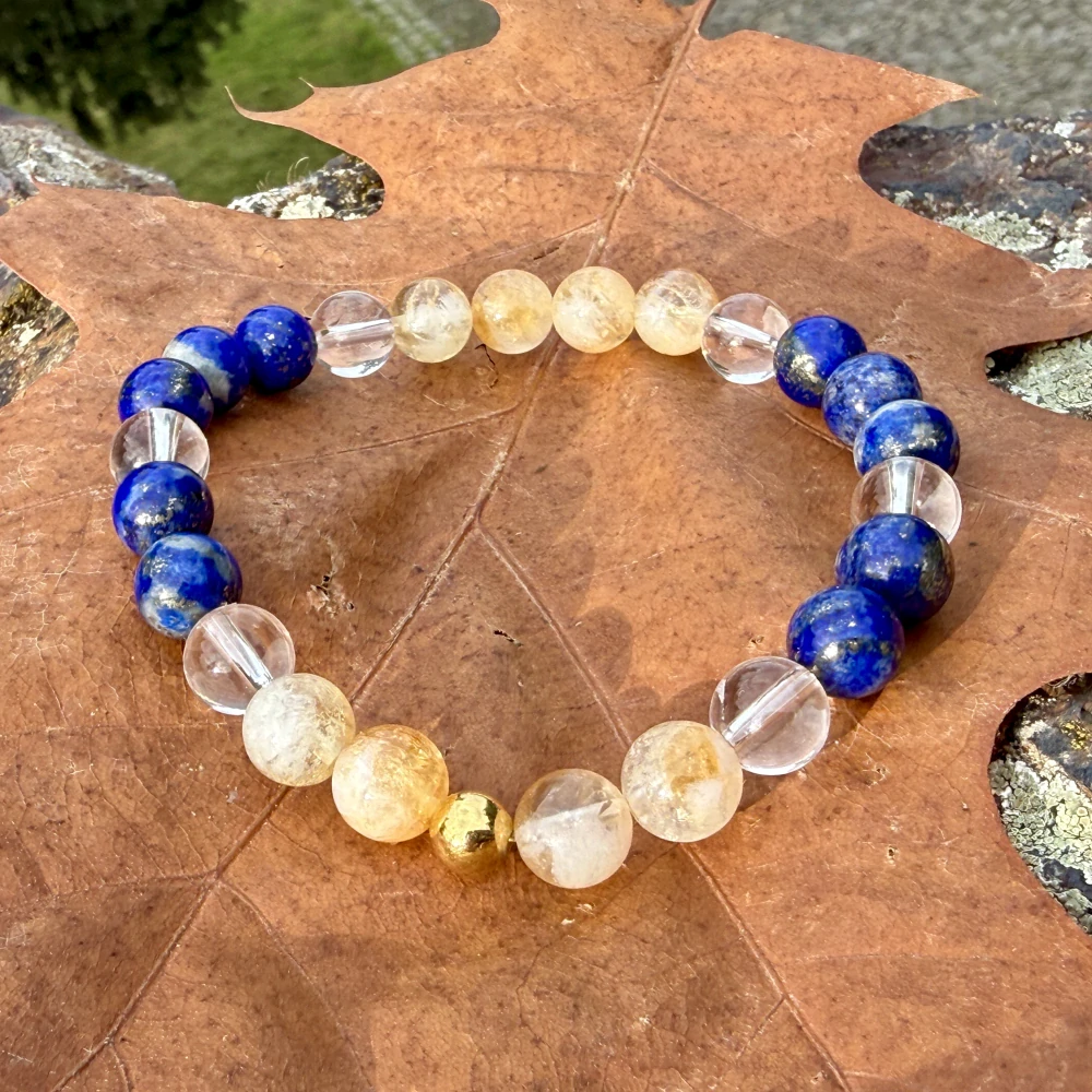 Minerální náramek lapis lazuli, citrín, křišťál - NAVŽDY S TEBOU (stříbro Ag925 potažené 24k zlatem Au999)